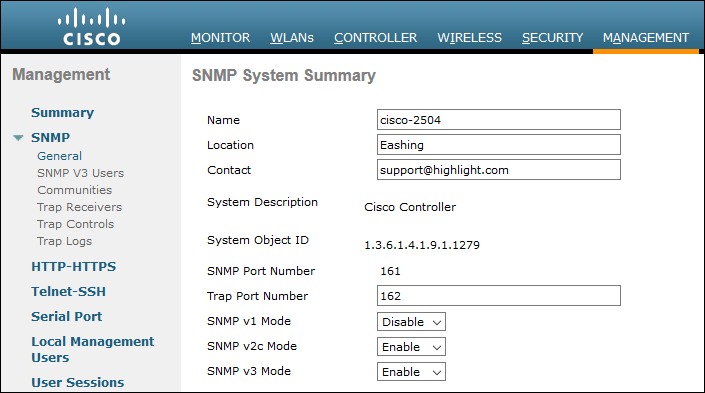 Screen Layout for Cisco WLC SNMP System Summary