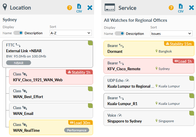 Watch Status panel for location and service